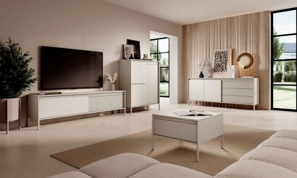 Laski Meble Szafki Rtv Do Salonu|Szafki Rtv*Szafka RTV ryflowana z szafkami Senso 2d beżowa