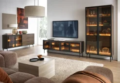 Laski Meble Komody Do Jadalni|Komody Do Sypialni*Szerok komoda Lumi 4D – dąb dunin / czerń z przeszklonymi frontami i oświetleniem LED