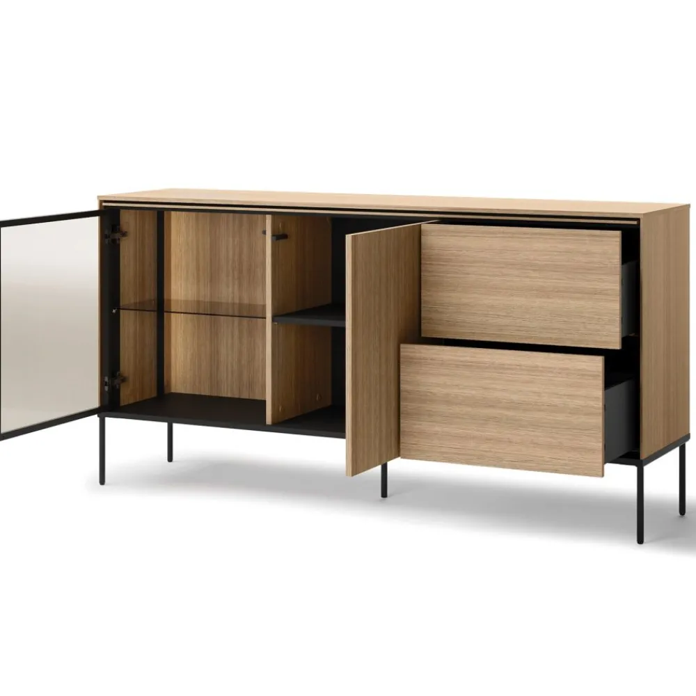 Lenart Komody Do Jadalni|Komody Do Sypialni*Szeroka komoda z witryną VISSO VI-05 dąb linearny