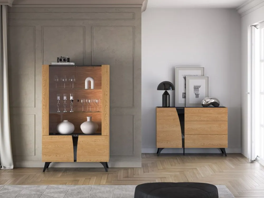 ML Meble Witryny*Toscania 03 Dąb Baltic Dune/Jesion Prestige Czarny - witryna 2W2D