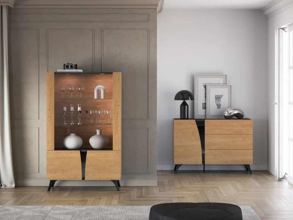 ML Meble Witryny*Toscania 03 Dąb Baltic Dune/Jesion Prestige Czarny - witryna 2W2D