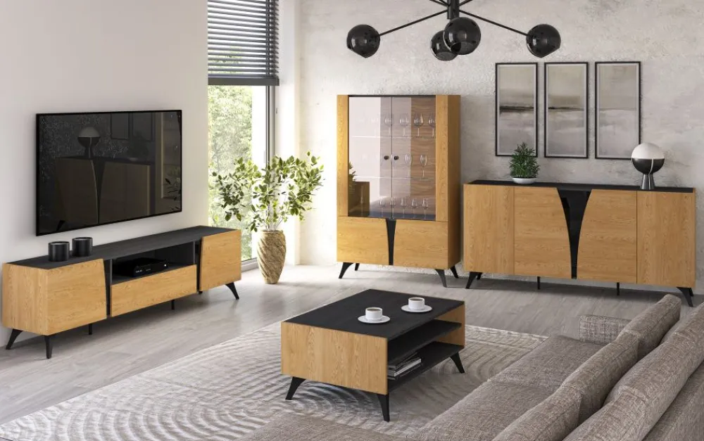 ML Meble Witryny*Toscania 03 Dąb Baltic Dune/Jesion Prestige Czarny - witryna 2W2D