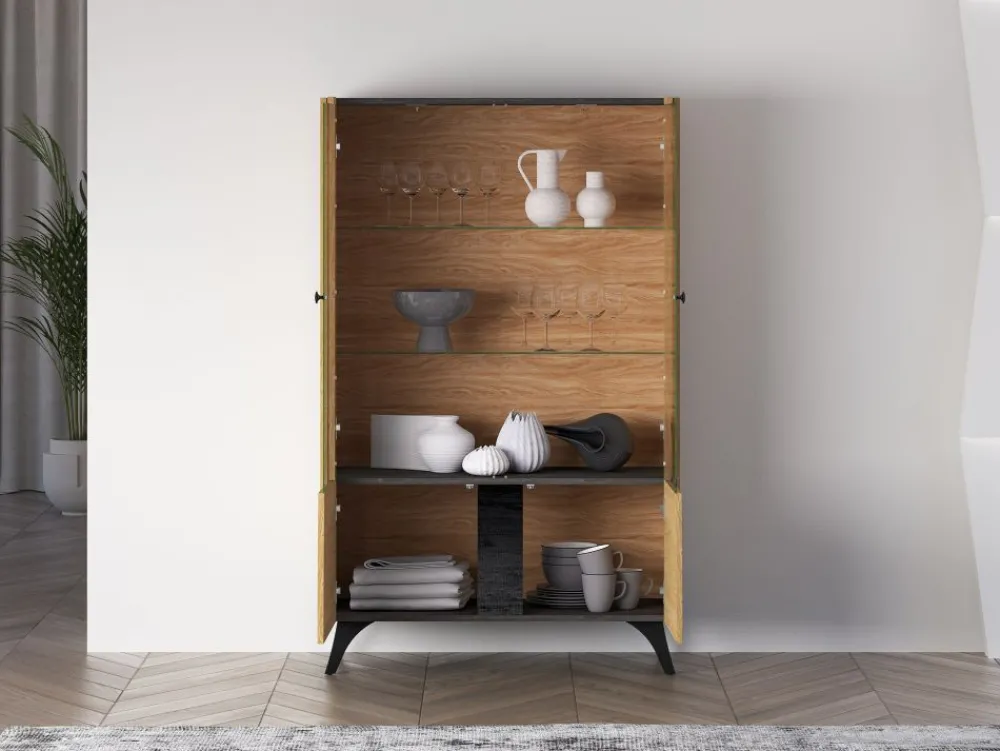 ML Meble Witryny*Toscania 03 Dąb Baltic Dune/Jesion Prestige Czarny - witryna 2W2D