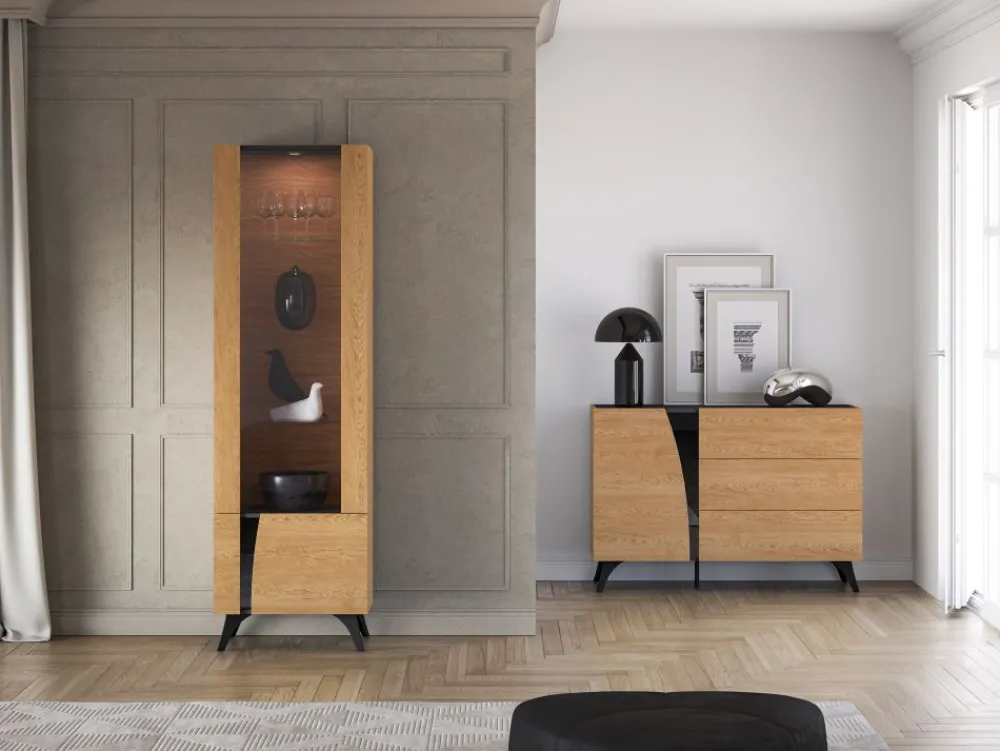 ML Meble Witryny*Toscania 02 prawa Dąb Baltic Dune/Jesion Prestige Czarny - witryna 1W1D