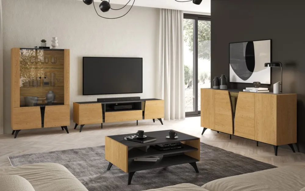 ML Meble Witryny*Toscania 02 prawa Dąb Baltic Dune/Jesion Prestige Czarny - witryna 1W1D