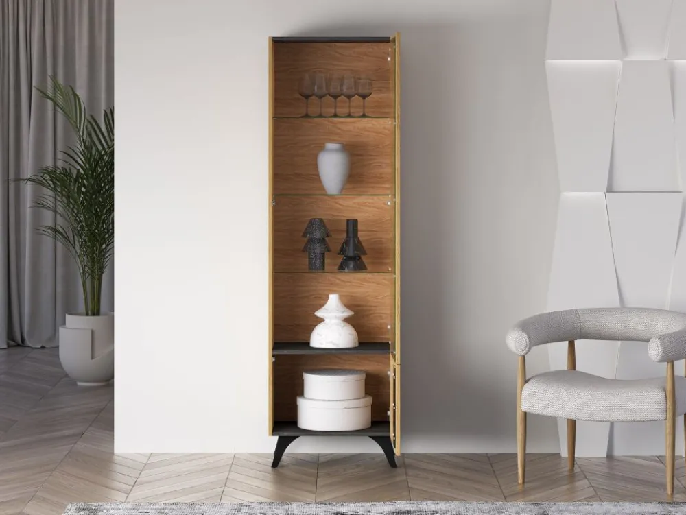 ML Meble Witryny*Toscania 02 prawa Dąb Baltic Dune/Jesion Prestige Czarny - witryna 1W1D