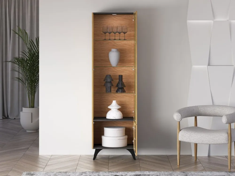 ML Meble Witryny*Toscania 02 prawa Dąb Baltic Dune/Jesion Prestige Czarny - witryna 1W1D