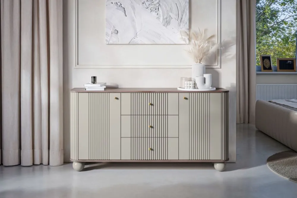 Bogart Komody Do Przedpokoju|Komody Młodzieżowe*VESPER KOMODA 160 2D3SZ - cashmere mdf / orzech / złote uchwyty / nogi kule