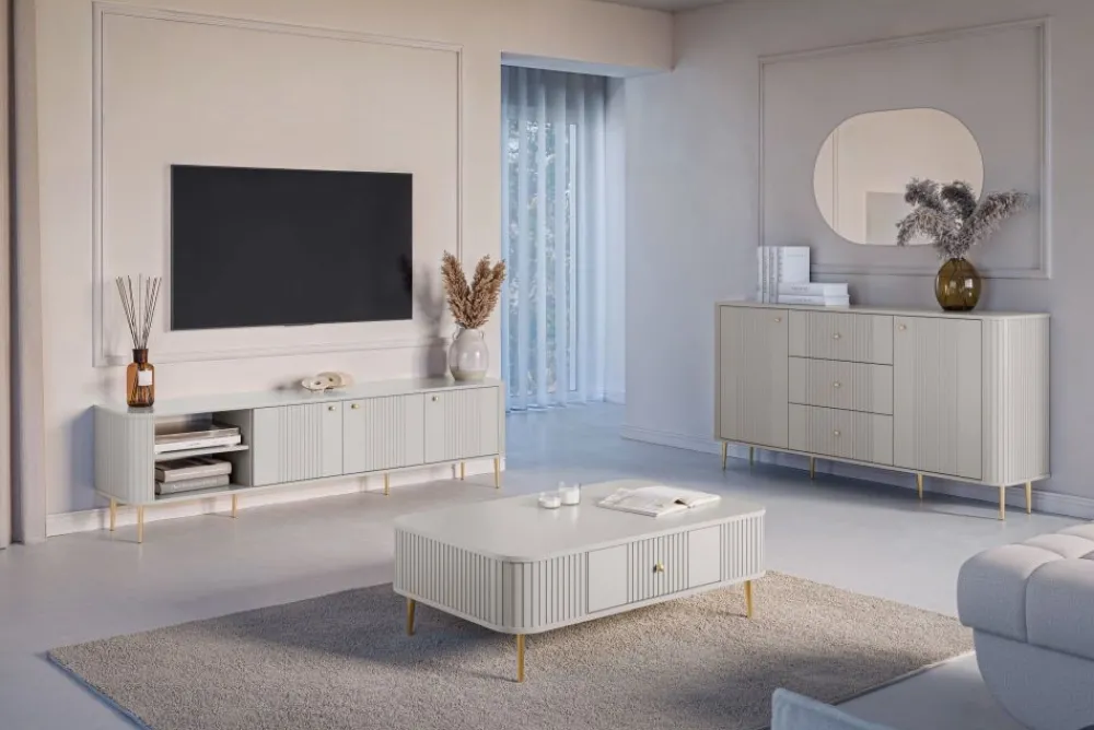 Bogart Komody*VESPER KOMODA 160 2D3SZ - cashmere mdf / cashmere / złote nogi