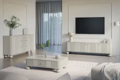 Bogart Komody*VESPER KOMODA 160 2D3SZ - cashmere mdf / cashmere / złote uchwyty / nogi kule