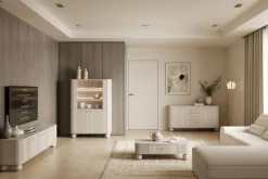 Bogart Szafki I Regały*VESPER WITRYNA 103 2D - cashmere mdf / cashmere / złote uchwyty / nogi kule