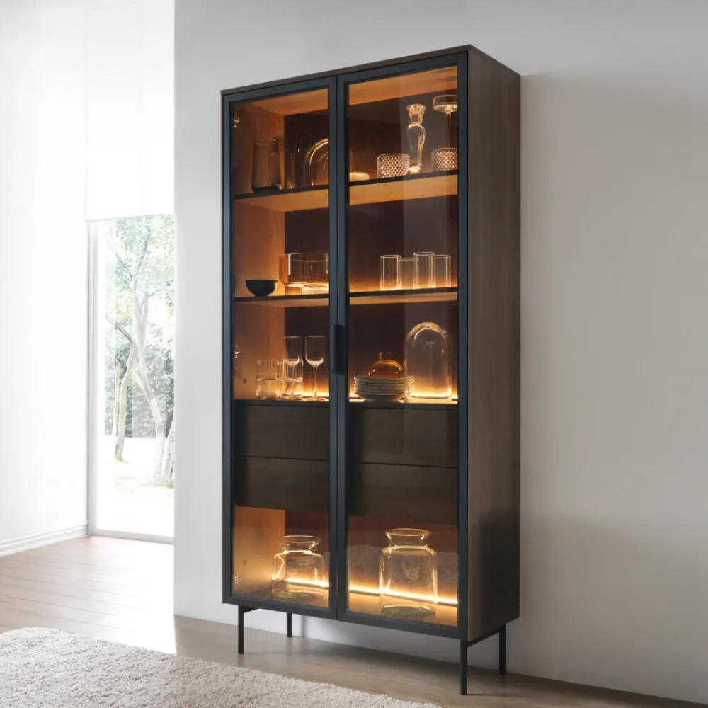 Laski Meble Witryny Do Jadalni|Witryny Do Salonu*Witryna wysoka Lumi 2D2S – dąb dunin / czerń z oświetleniem LED