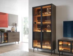 Laski Meble Witryny Do Jadalni|Witryny Do Salonu*Witryna wysoka Lumi 2D2S – dąb dunin / czerń z oświetleniem LED