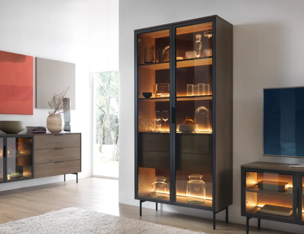 Laski Meble Witryny Do Jadalni|Witryny Do Salonu*Witryna wysoka Lumi 2D2S – dąb dunin / czerń z oświetleniem LED