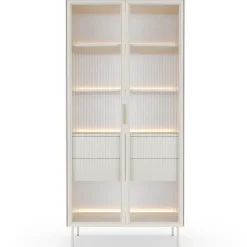 Laski Meble Witryny Do Jadalni|Witryny Do Salonu*Witryna wysoka Lumi 2D2S – kaszmir / biel z oświetleniem LED i hartowanym szkłem