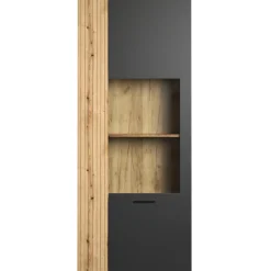 Mebelbos Witryny Do Jadalni|Witryny Do Salonu*Wąska witryna 80 cm – nowoczesna witryna Esteban grafit/dąb evok ze szkłem hartowanym