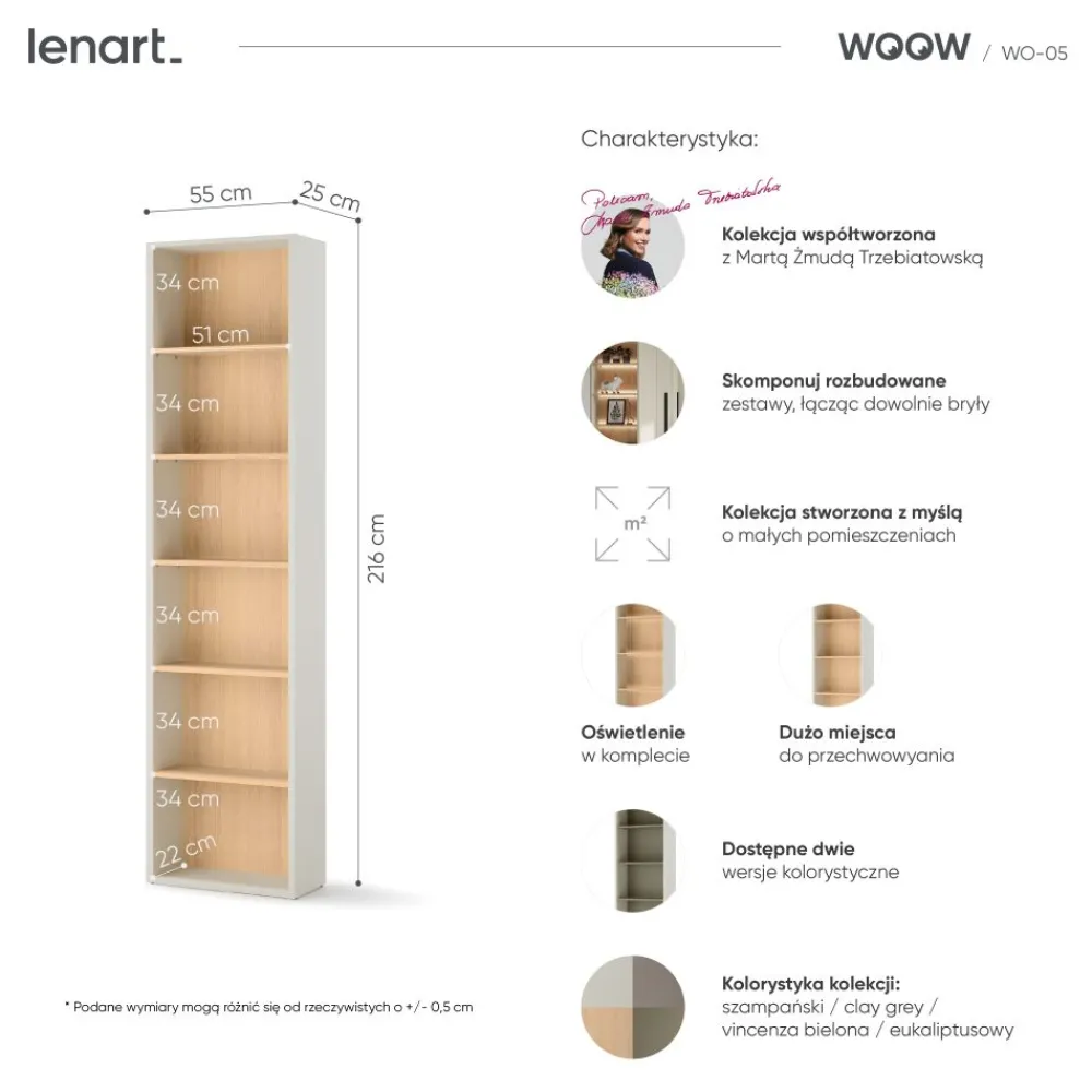 Dzieci Lenart Szafki I Regały Do Biura|Szafki I Regały Do Pokoju Młodzieżowego*Wąski regał otwarty do pokoju młodzieżowego WO-05 Woow kolor szampański / dąb vincenza bielony