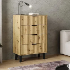 Mebelbos Komody Do Biura|Komody Do Przedpokoju*Wysoka komoda z czterem szufladami 4S, ryflowane fronty dąb artisan BORG DUO