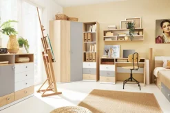 Dzieci Meblar Szafki I Regały Do Pokoju Młodzieżowego|Szafki I Regały Do Pokoju Dziecięcego*Wysoki słupek regał z półkami i szufladami do pokoju PIXEL PX5 L/P biały,szary,dąb biszkoptowy